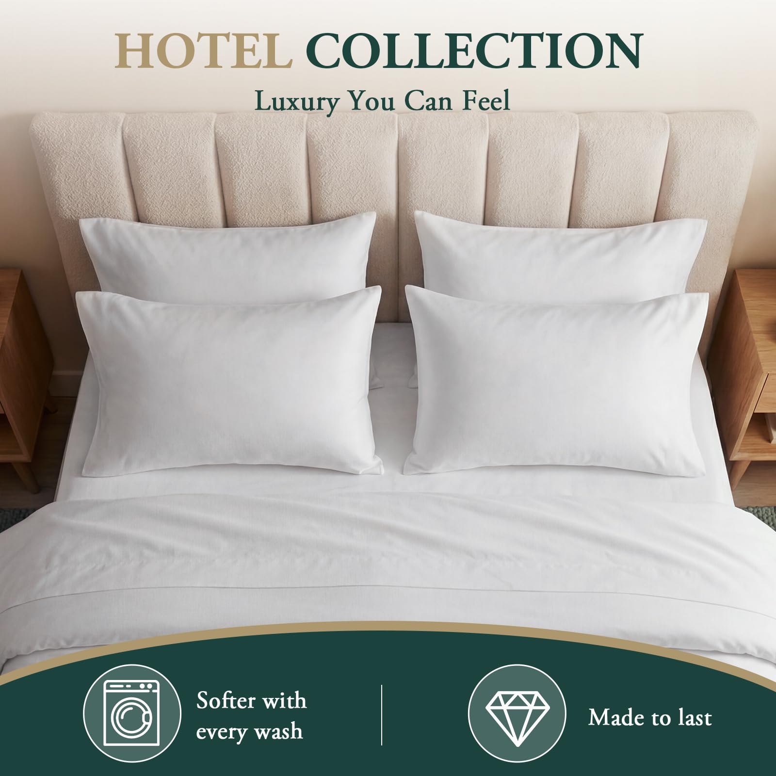 Nuzzle pillowcases styled on made bed conveying hotel-quality comfort