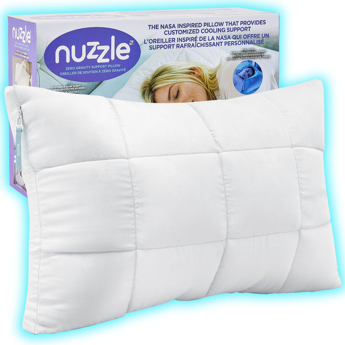 Nuzzle front view showing standard pillow and hotel-style finish for cozy sleep