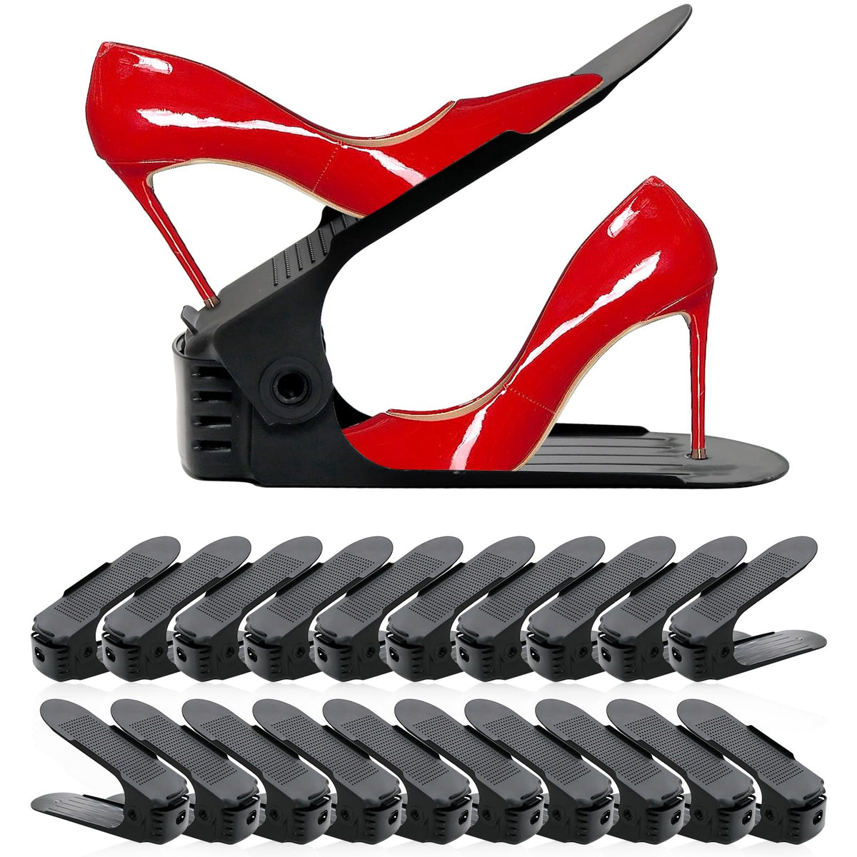 NVGSN front view of packed shoe stackers showing compact storage benefit
