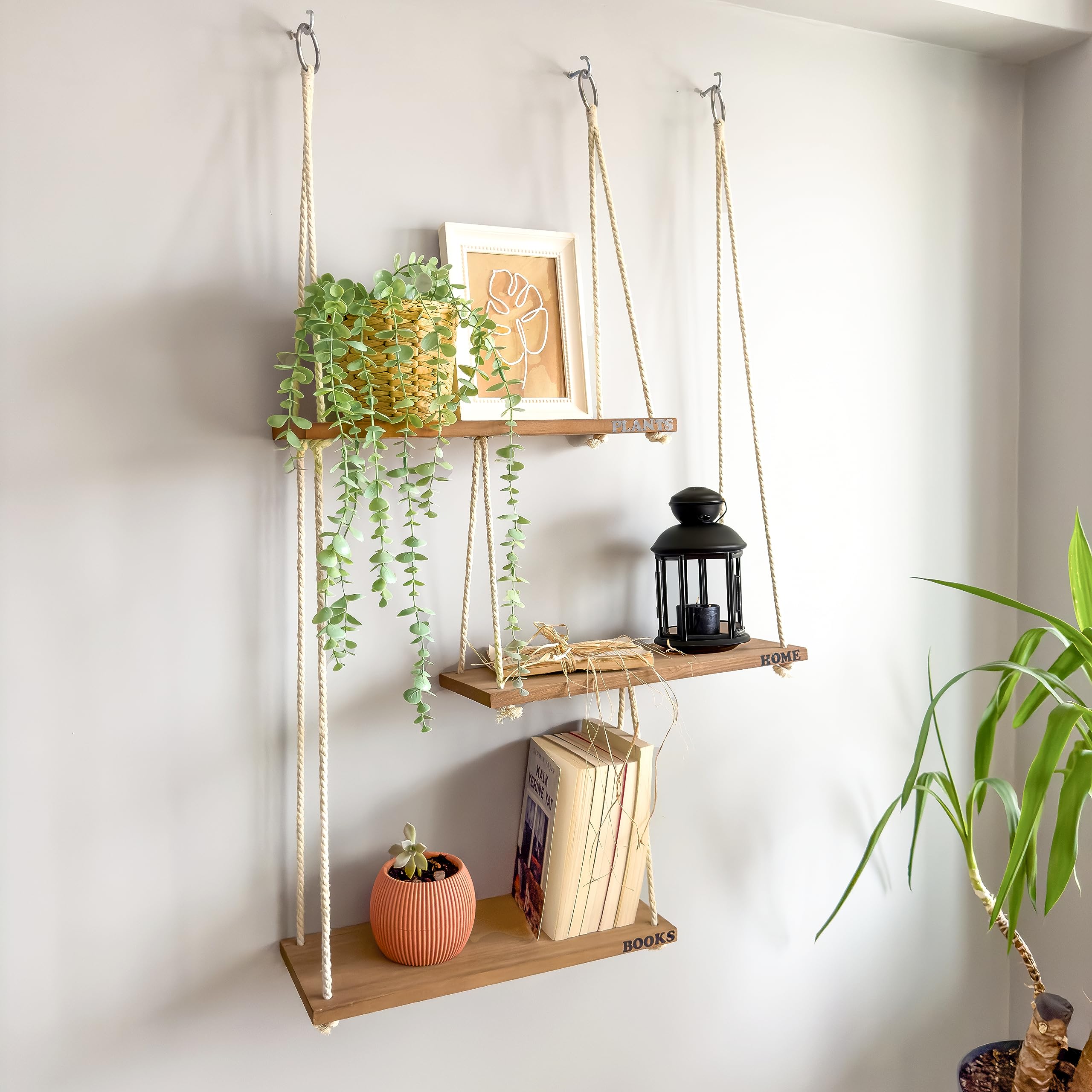 NWOOD front view of three-tier hanging shelf showing airy boho display benefit