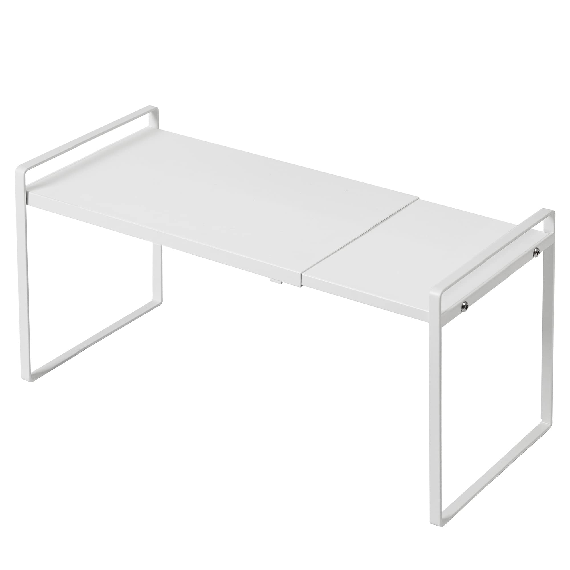 Nxconsu front view of white expandable shelf showing tidy cabinet organization and extra tiering benefit