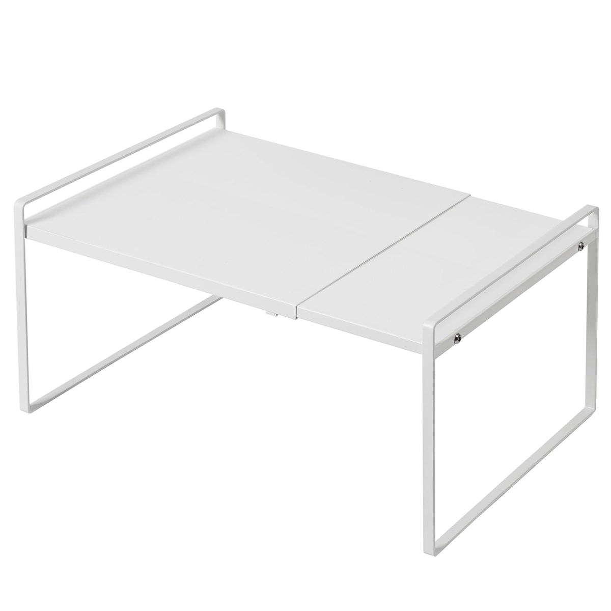 Nxconsu front view of white shelf riser showing clean organized storage benefit