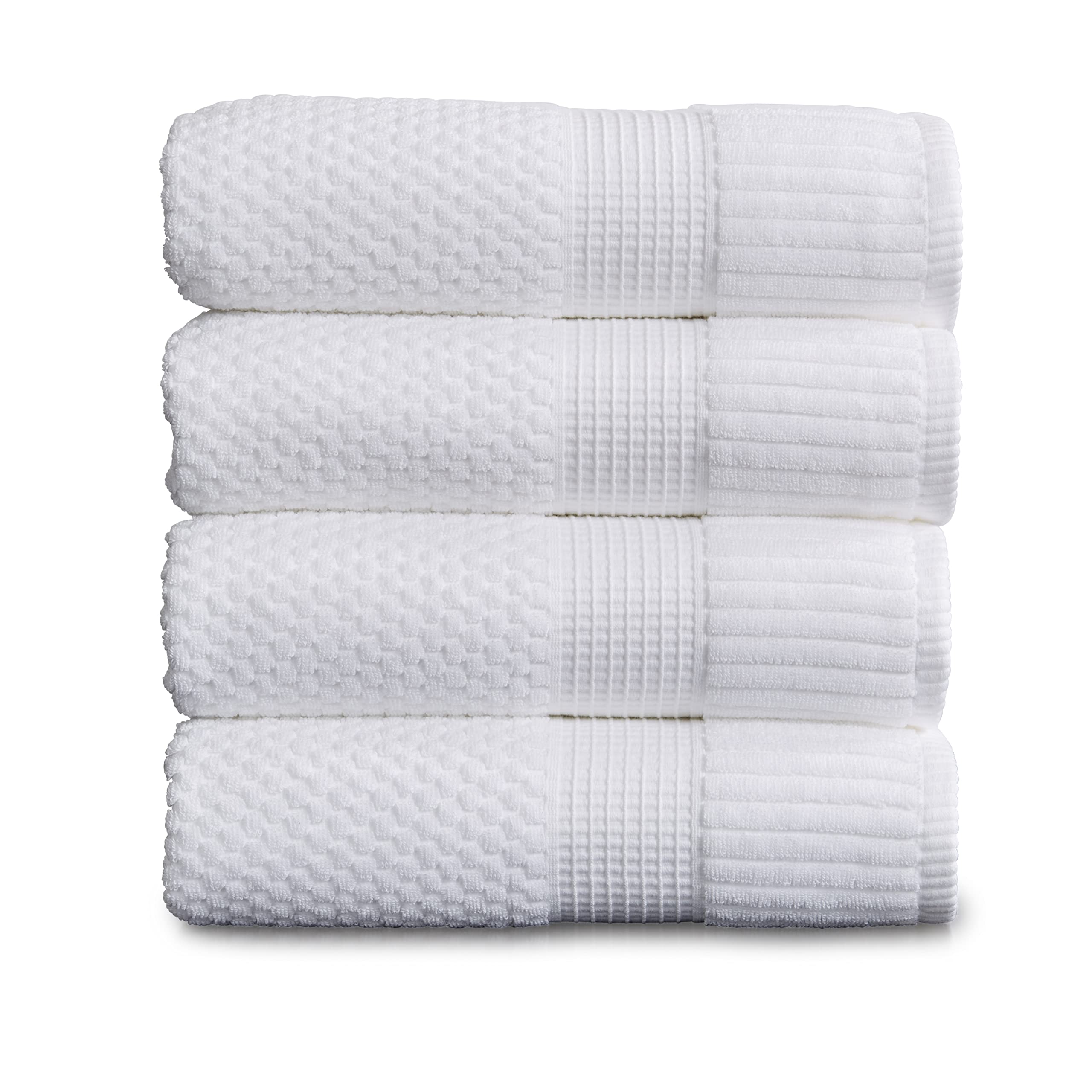 NY Loft front view of four white bath towels showing neat packaging and value