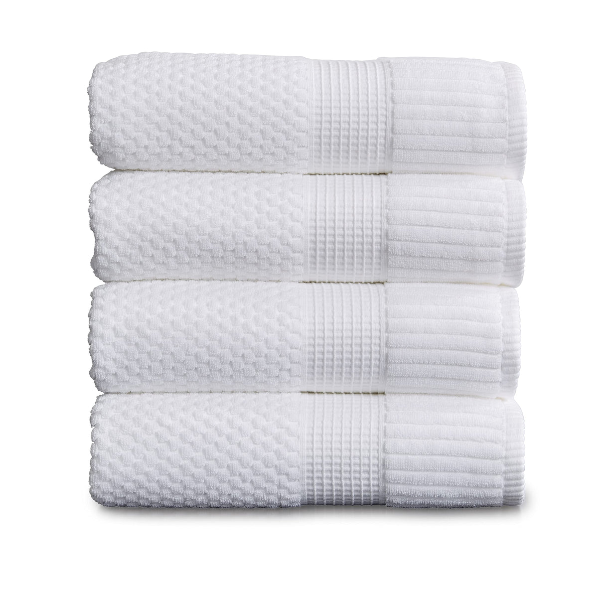 NY Loft front view of four white bath towels showing neat packaging and value