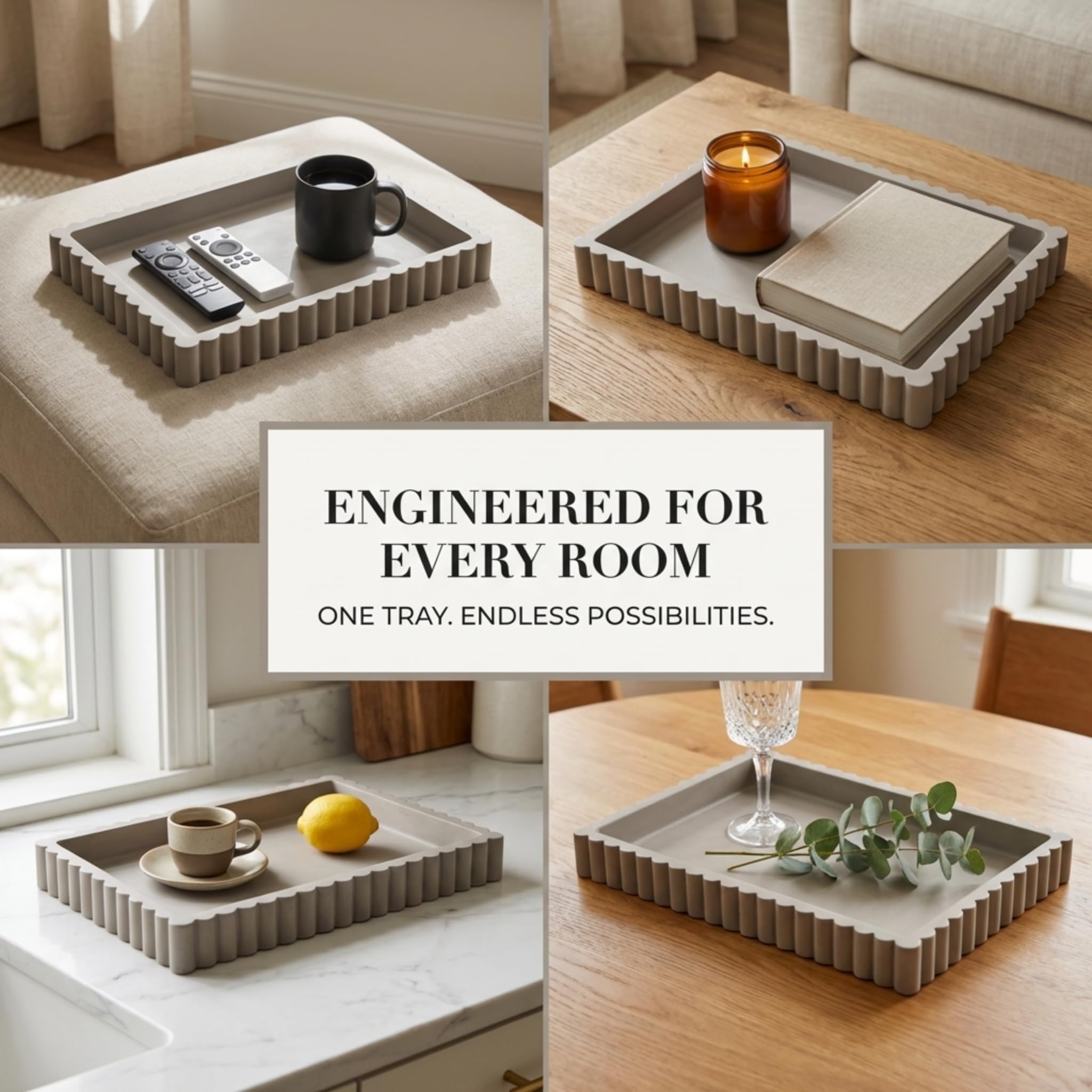 OAKOA tray on kitchen counter showing durable surface for displays