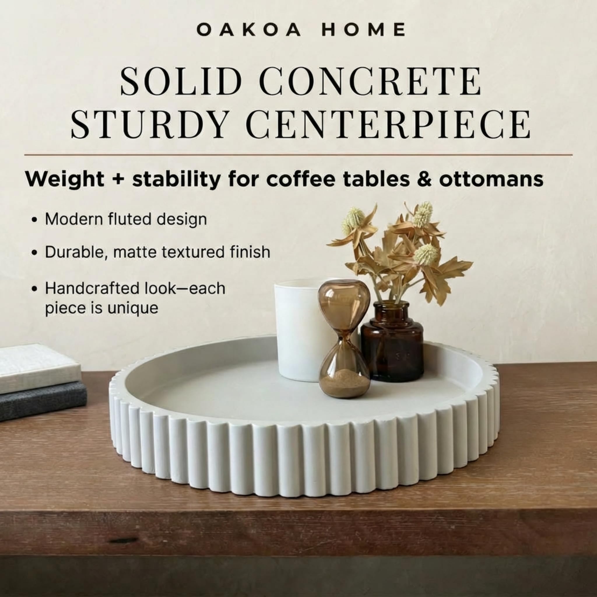 OAKOA tray staged with candles and books for organized styling benefit