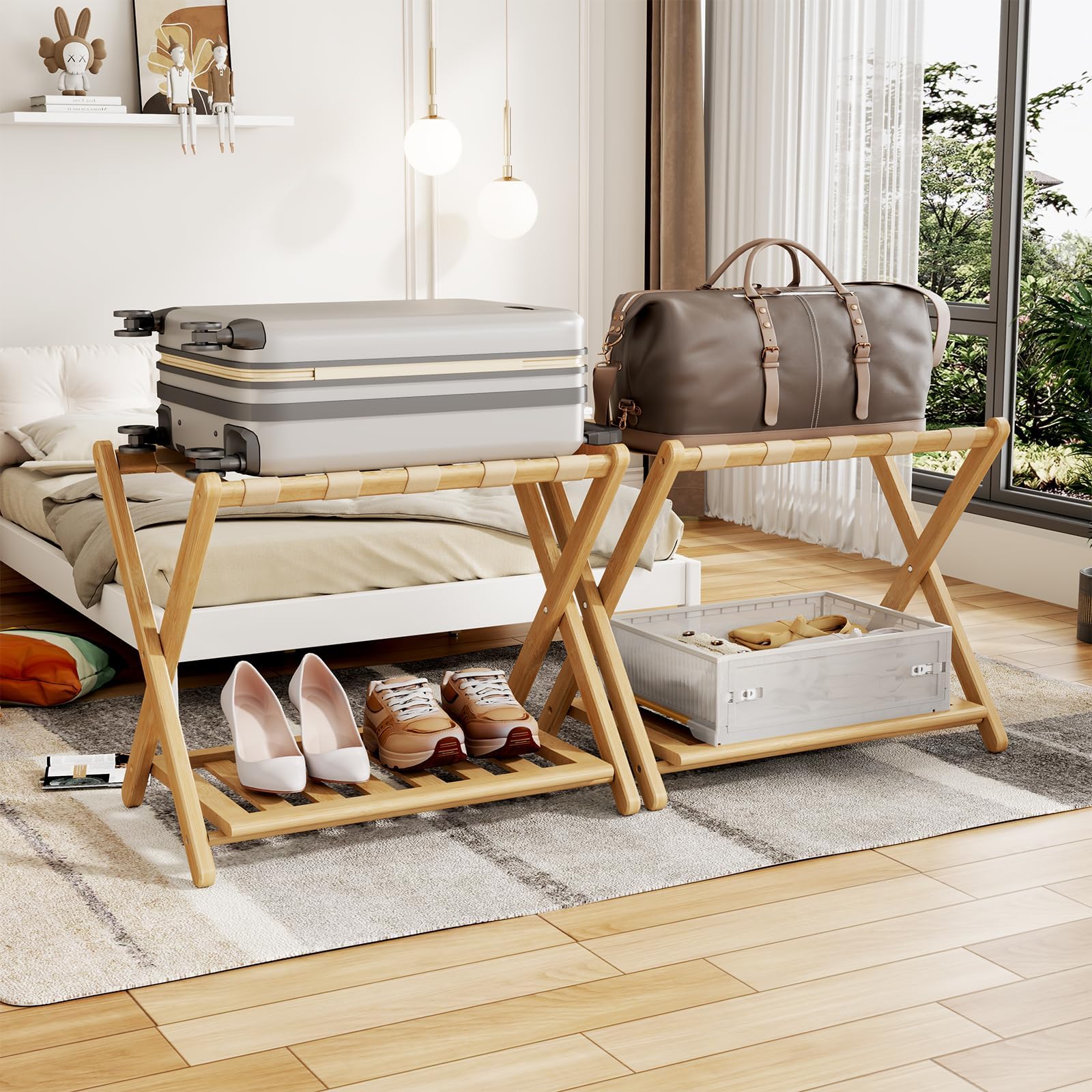 Oakvora front view of both bamboo luggage racks showing convenience