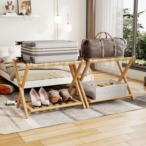 Oakvora front view of both bamboo luggage racks showing convenience