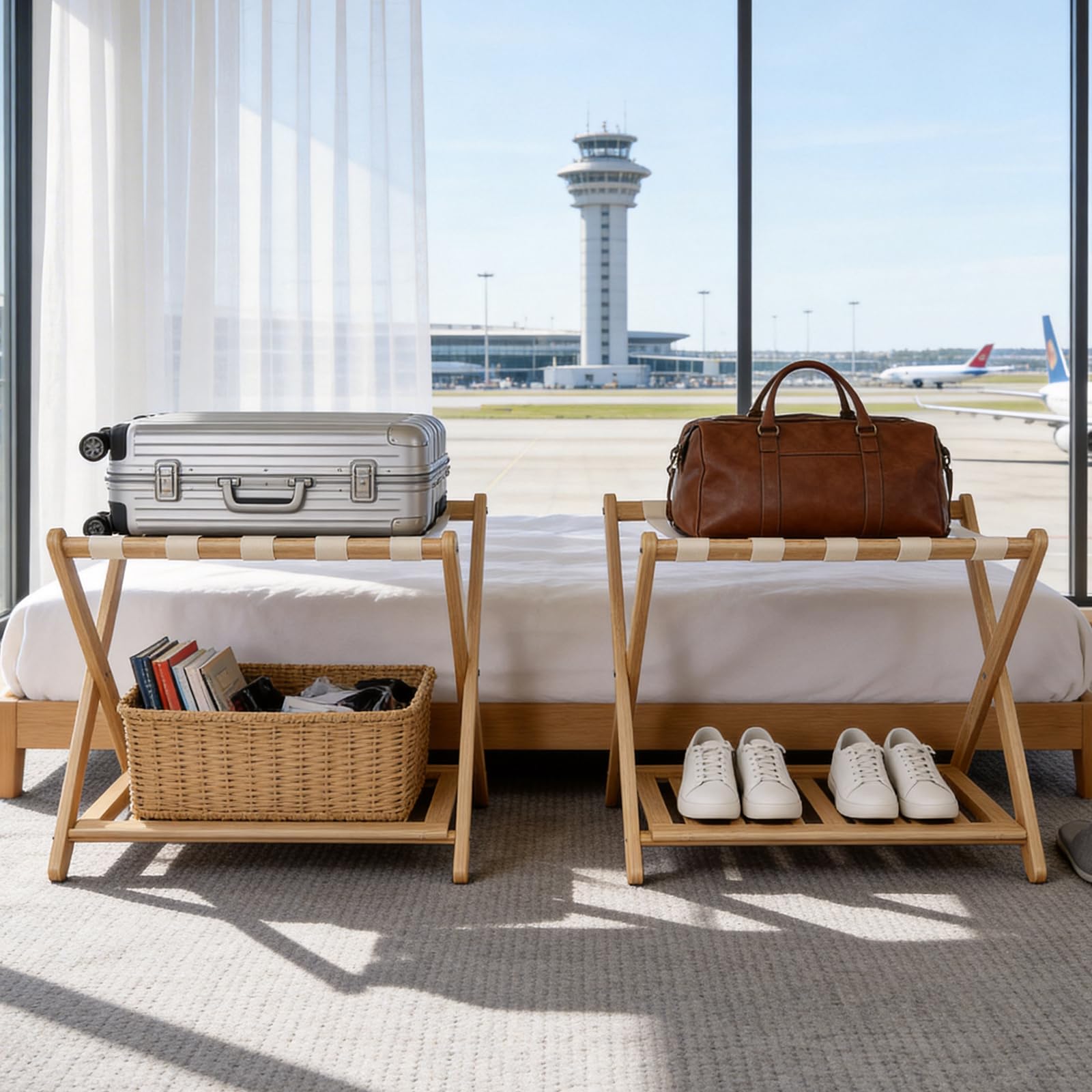 Oakvora luggage rack in a guest room creating tidy presentation