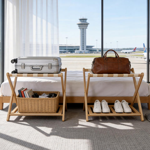Oakvora luggage rack in a guest room creating tidy presentation