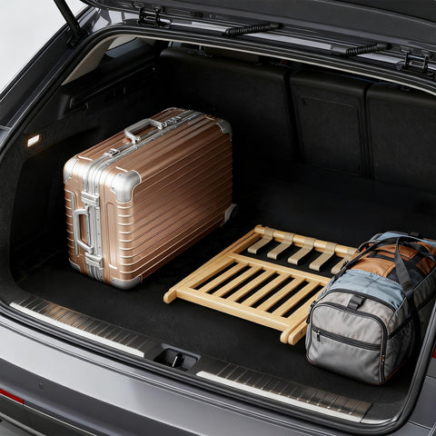 Oakvora rack beside a 28-inch suitcase showing size fit