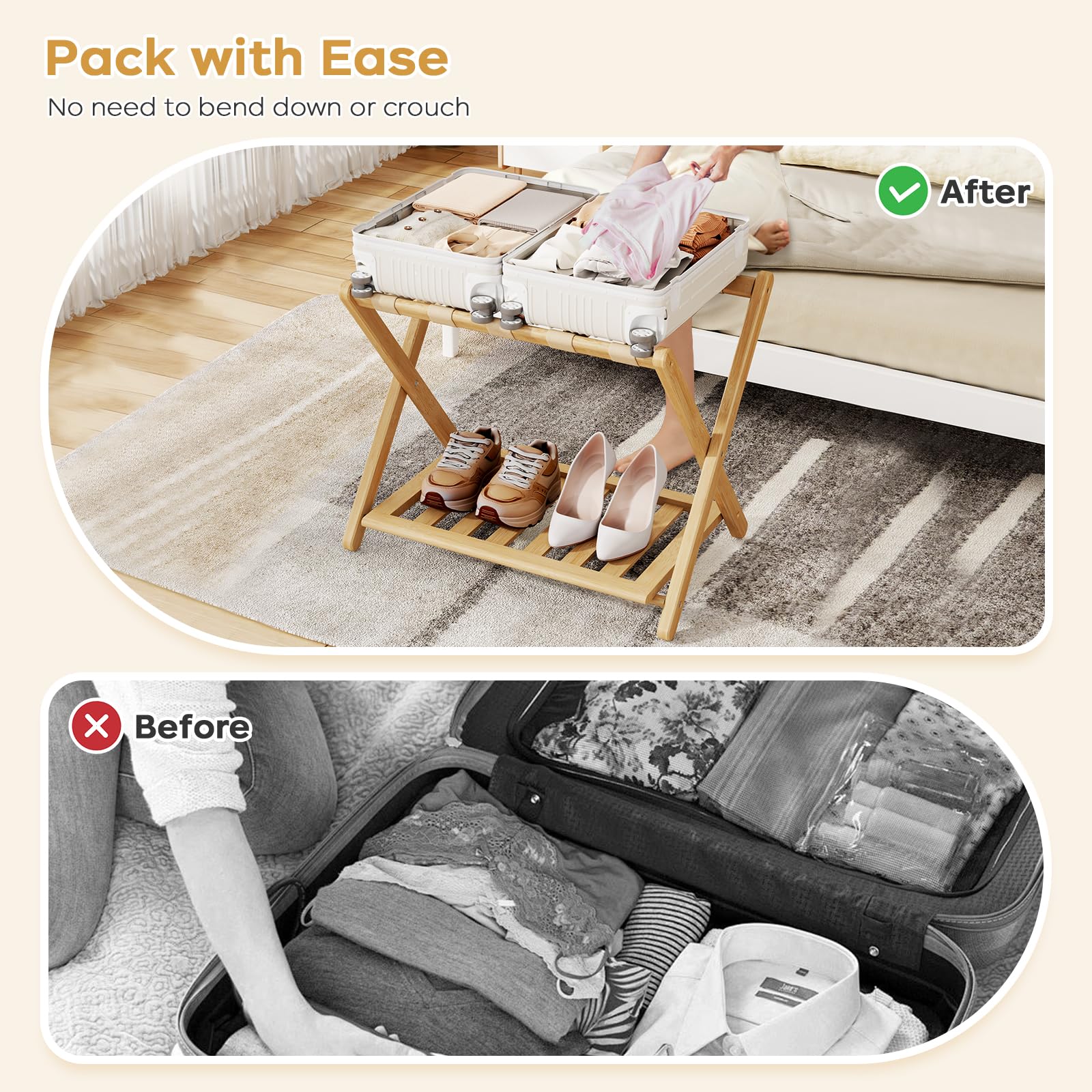 Oakvora suitcase on upper shelf demonstrating easy access