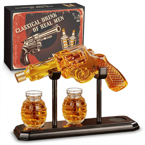Oaksea pistol decanter front view showcasing bold design and shelf appeal