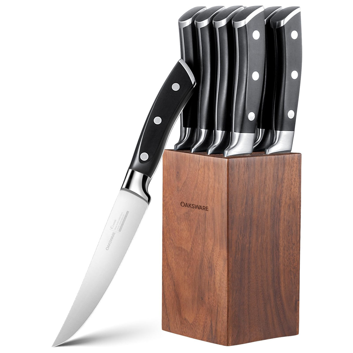 OAKSWARE front view walnut block showing neat, space-saving storage and elegance