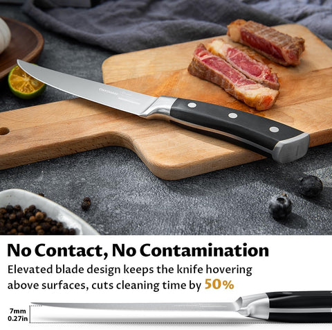 OAKSWARE knife slicing steak at table showing cleaner, juicier cuts