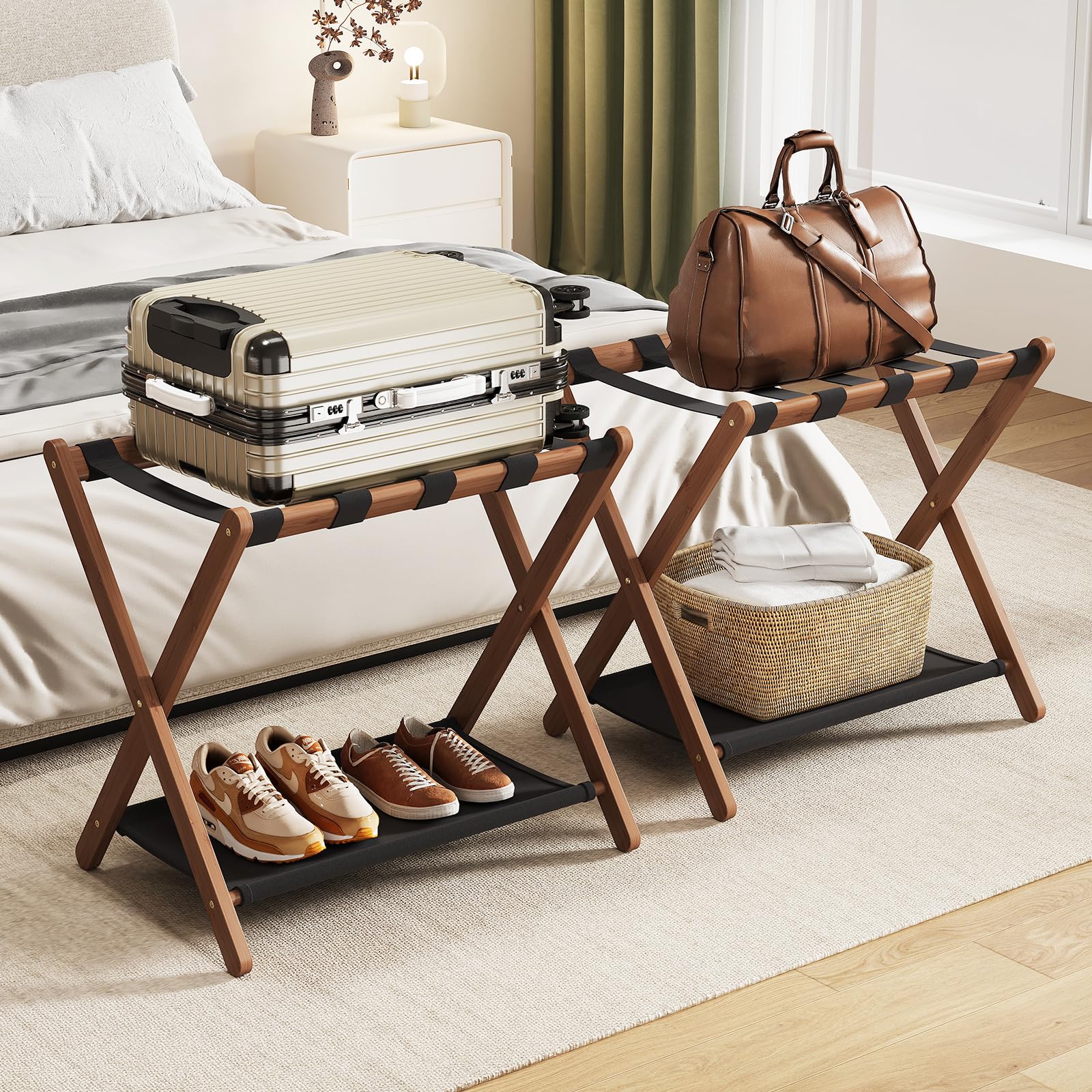 oakvivo walnut luggage rack front view showing elegant bamboo and stability