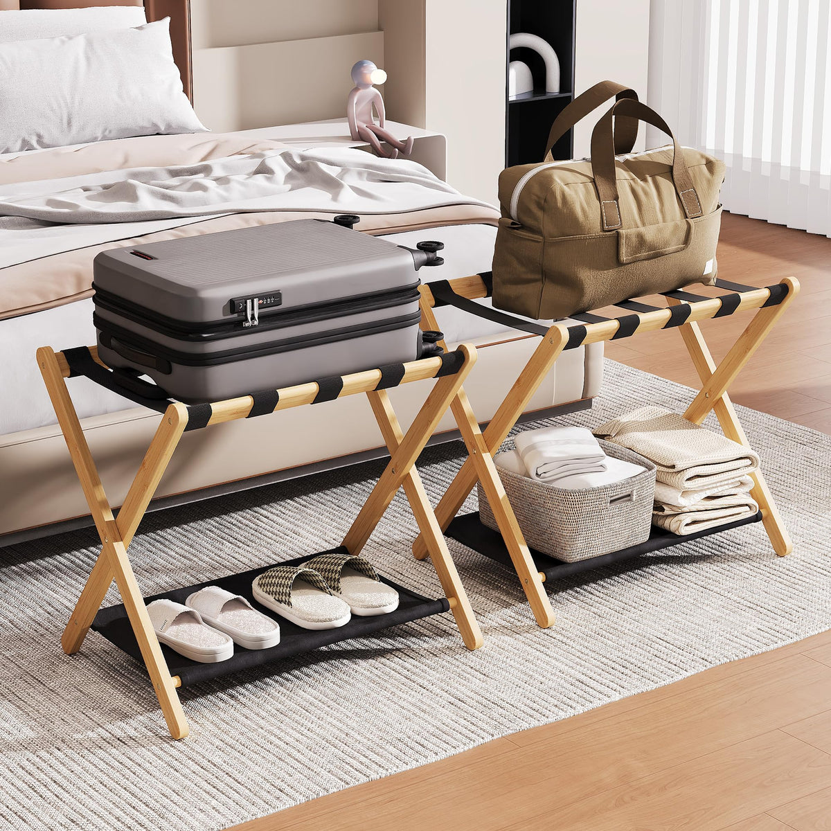Oakvora front view showing assembled luggage rack ready to use