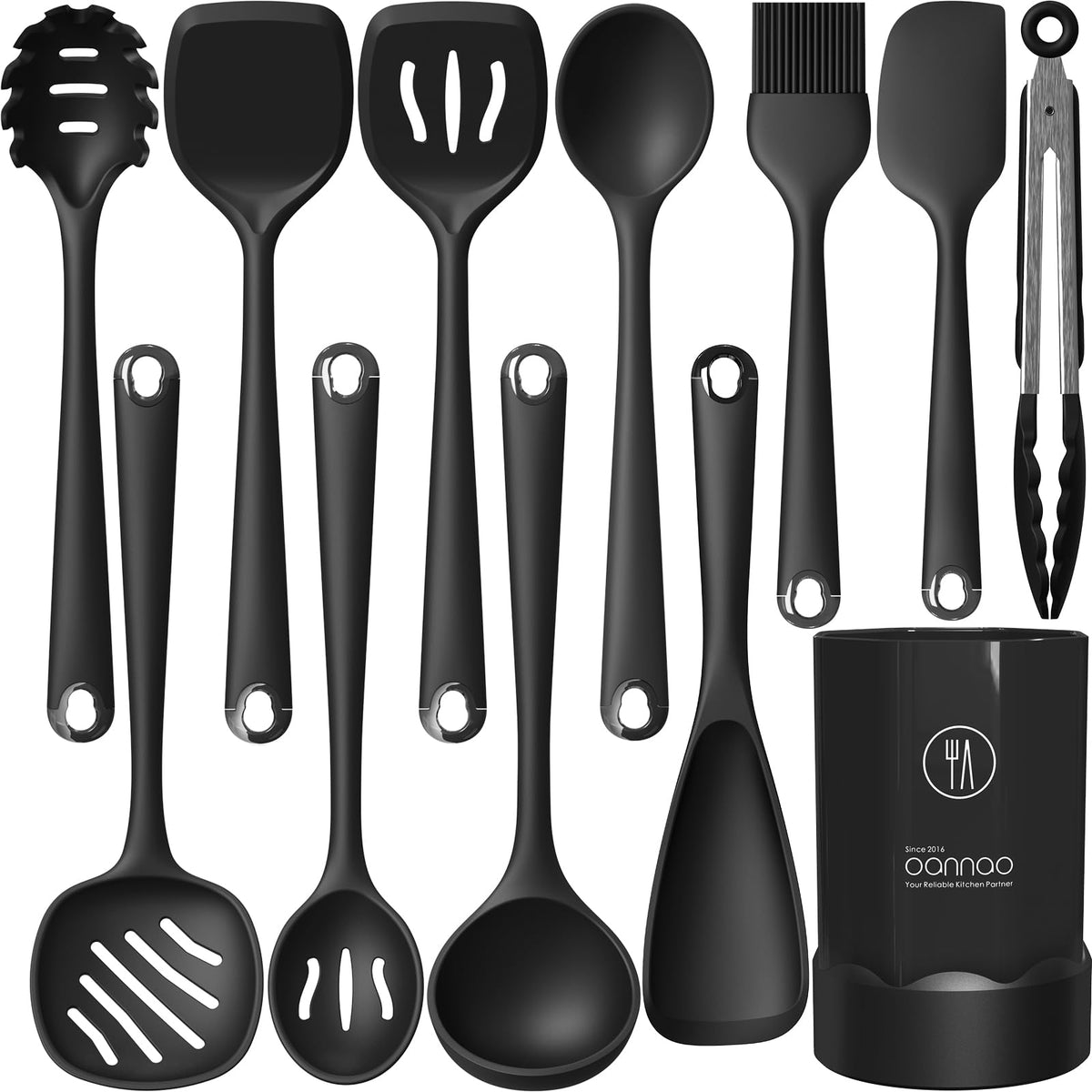 oannao front view showing full utensil set and holder, organized for convenience