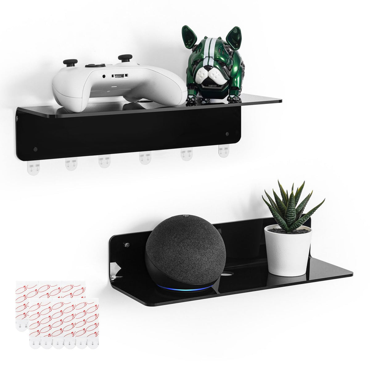 OAPRIRE front view of two black acrylic floating shelves showing compact storage benefit