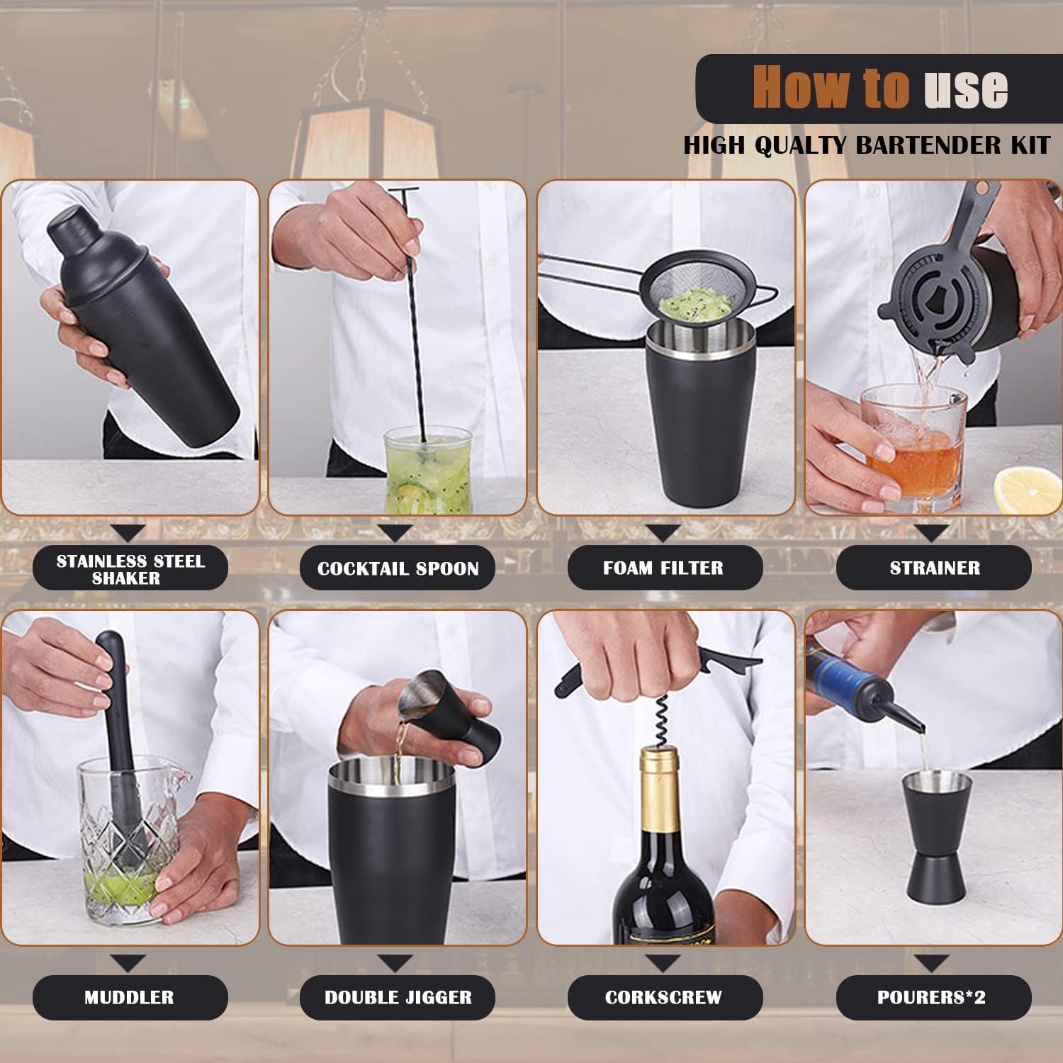 OBALY bartender using set to shake and strain cocktail for consistent results