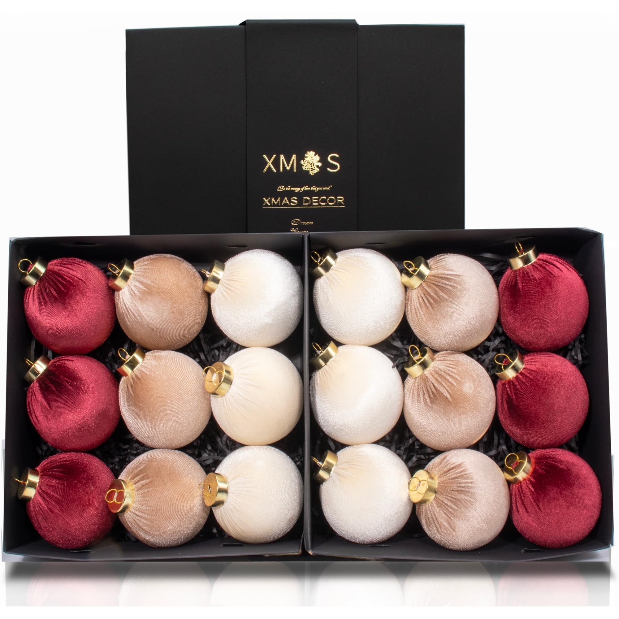 Obgora velvet baubles front packaging showing complete set and color mix