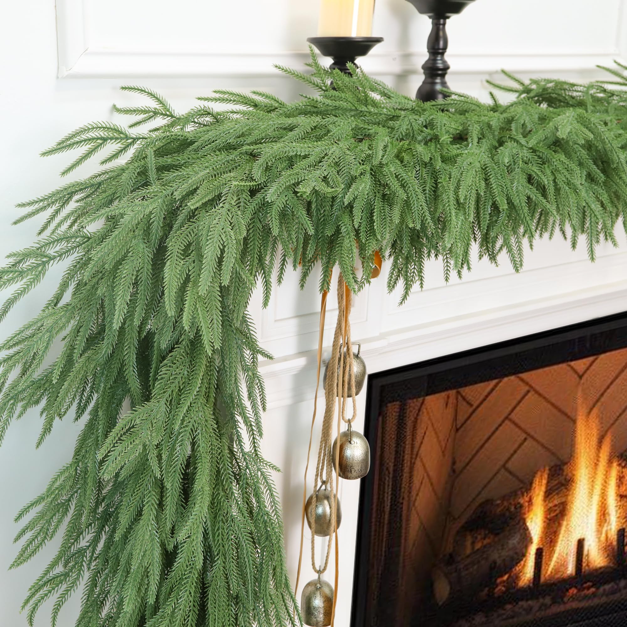 Obralitic Norfolk Pine garland front view showing full nine-foot coverage and lush look