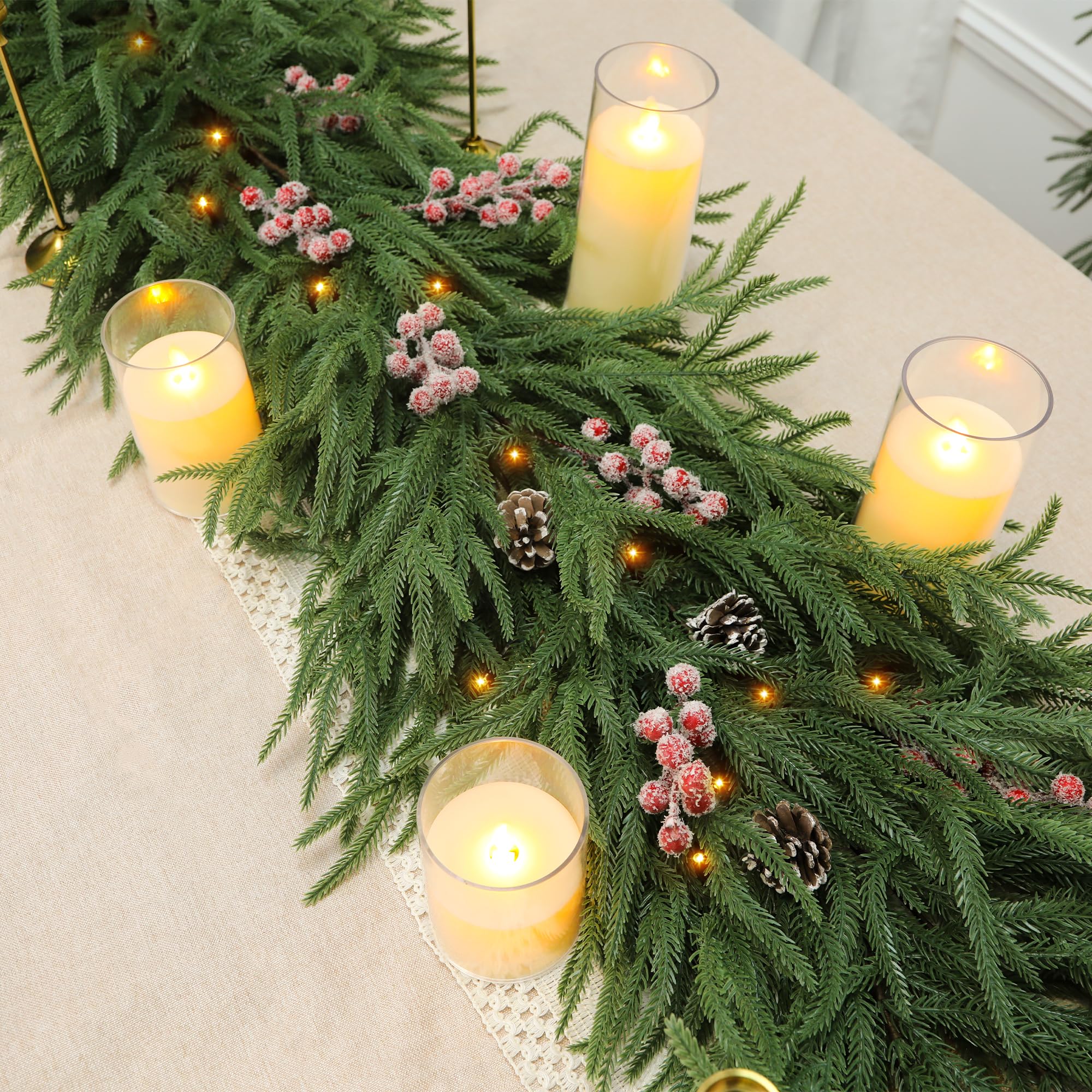 Obralitic garland styled on a mantel with lights showing easy decorating benefit