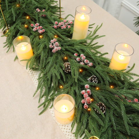 Obralitic garland styled on a mantel with lights showing easy decorating benefit