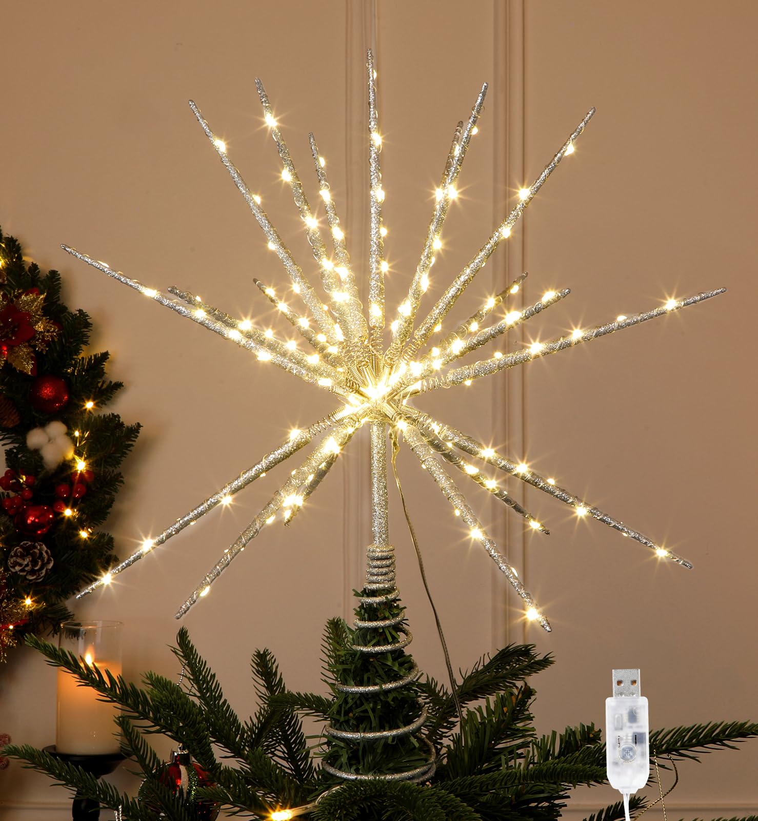 Obralitic starburst front view showing silver glitter finish and balanced glow