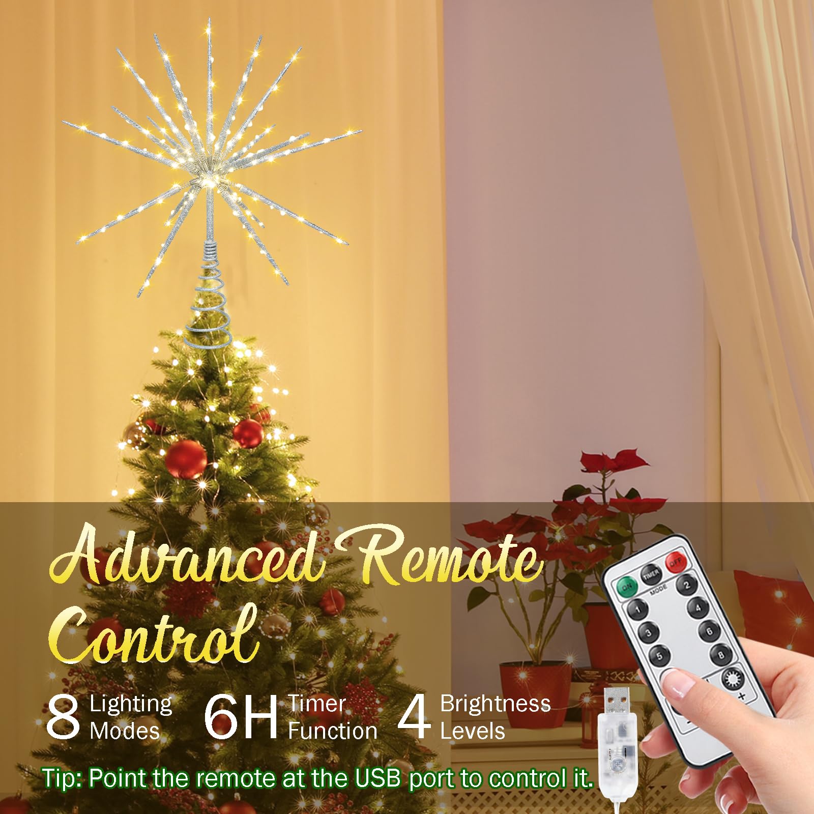 Obralitic lit starburst on tree adding warm ambiance to living room