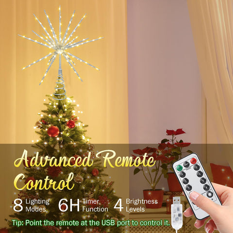 Obralitic lit starburst on tree adding warm ambiance to living room