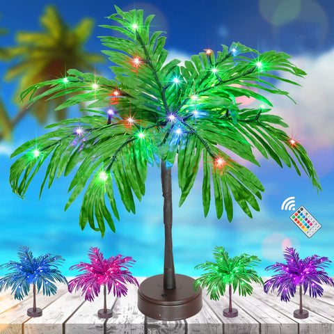Obrecis front view of 23in palm tree with colorful LEDs, adds festive ambiance