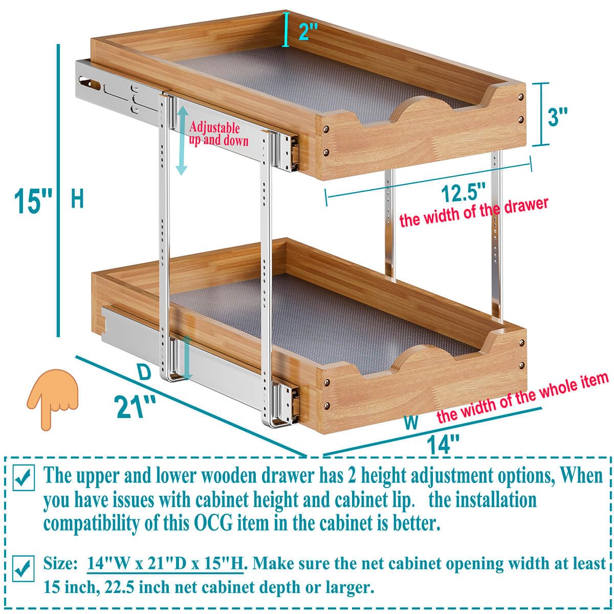 OCG lower drawer height adjustment demonstrating fit and clearance benefit