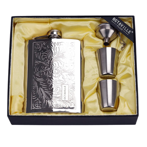 Octaville flask front view showing gift-ready packaging and polished finish for elegant gifting