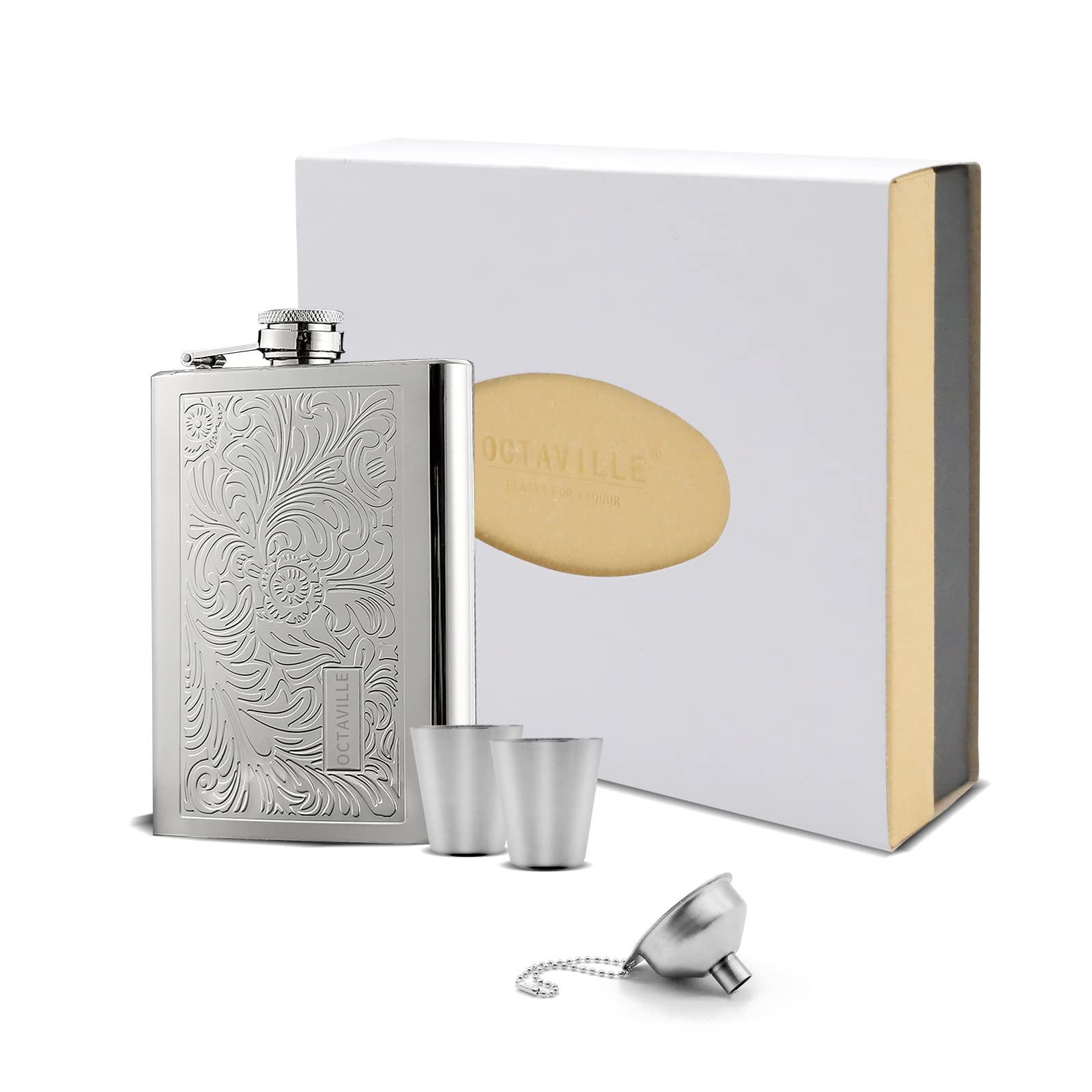 Octaville flask presented in a gift box ready for Father's Day or groomsmen gifting