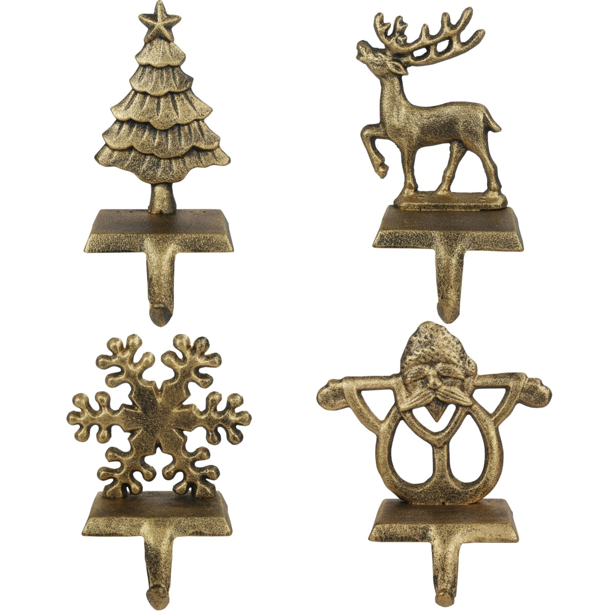 OCTERIC front view of four stocking holders showing finished bronze and shapes for festive decor