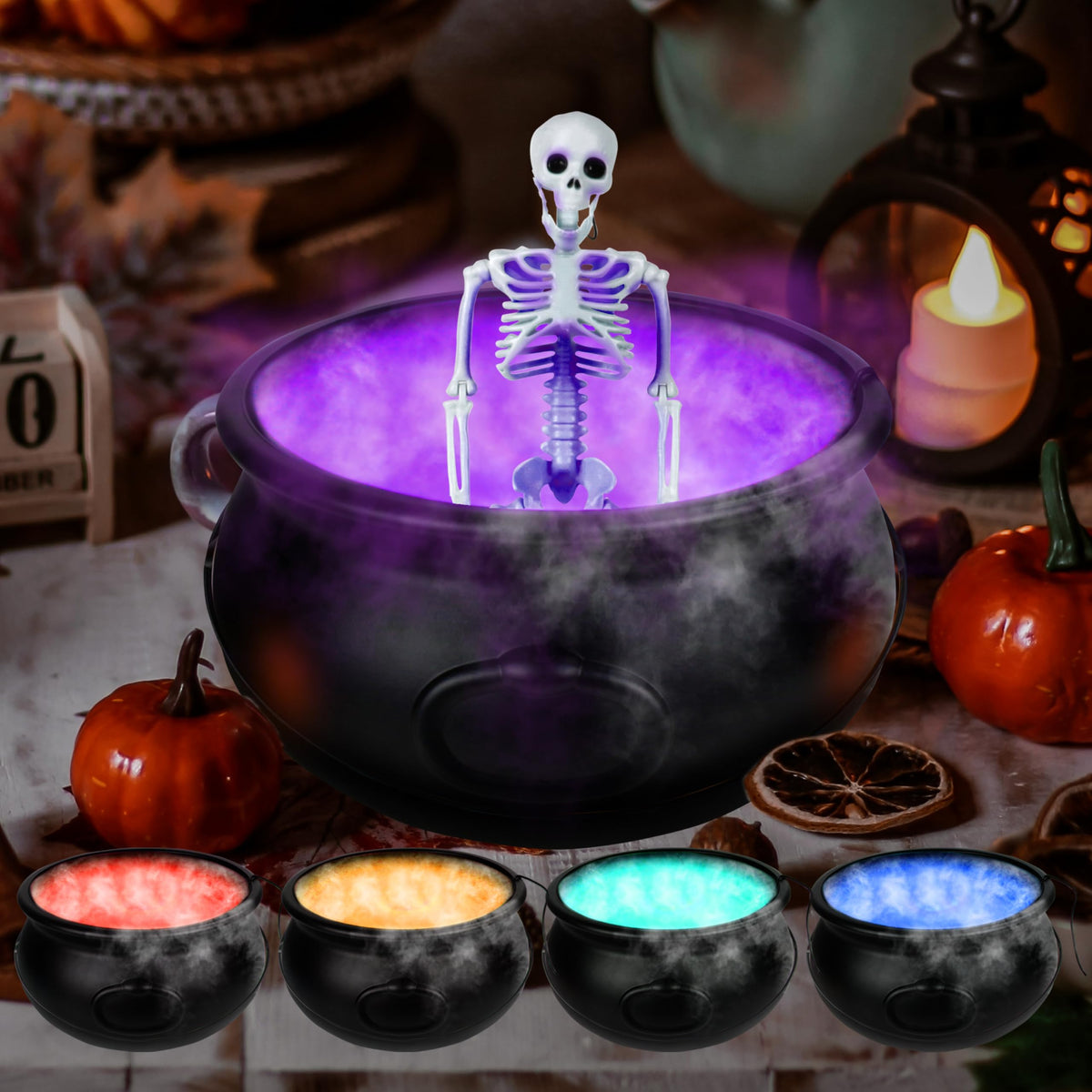 OCTERIC front view of cauldron with RGB LEDs creating spooky ambiance