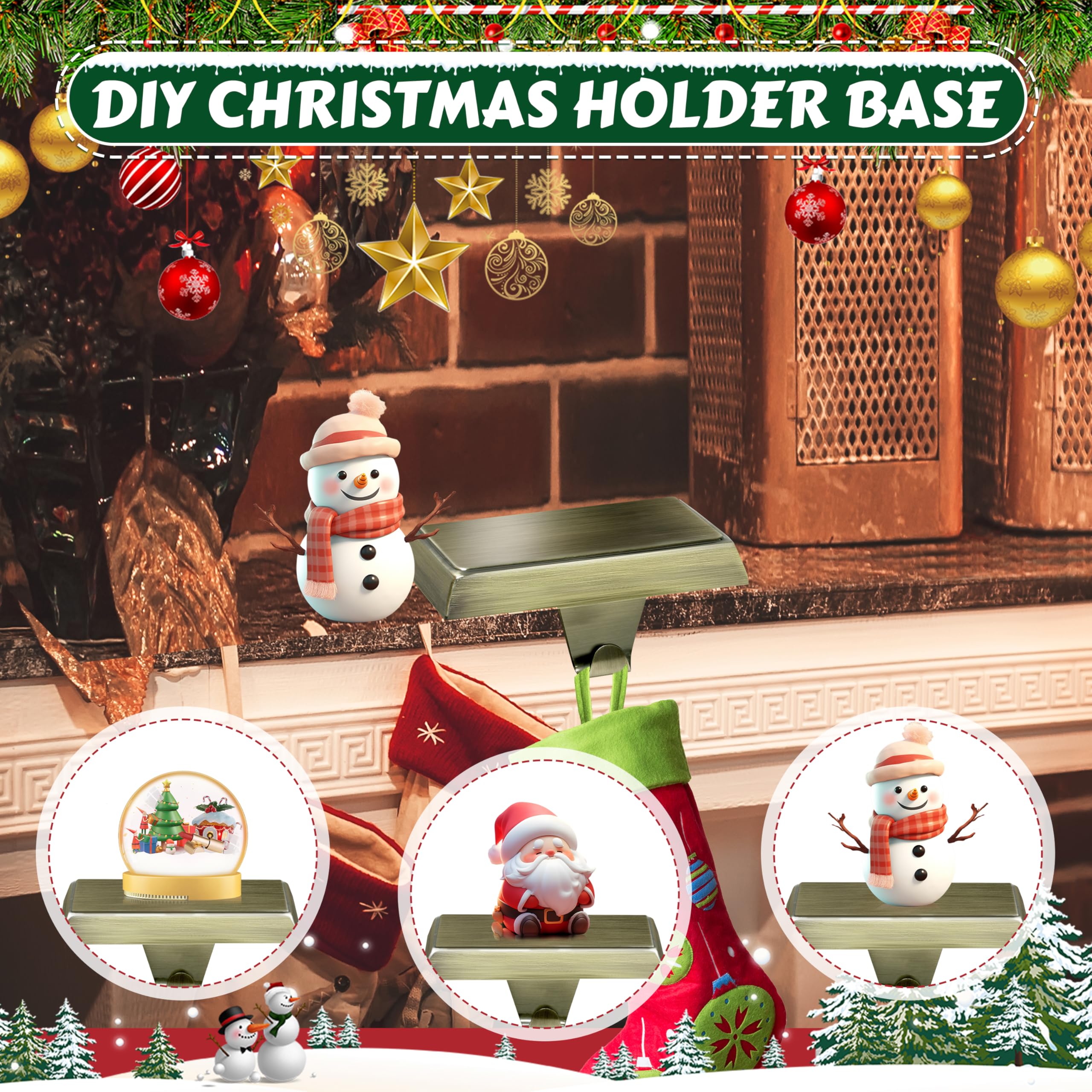 OCTERIC holders in use on a fireplace mantle with stockings, creating stable and decorative holiday display