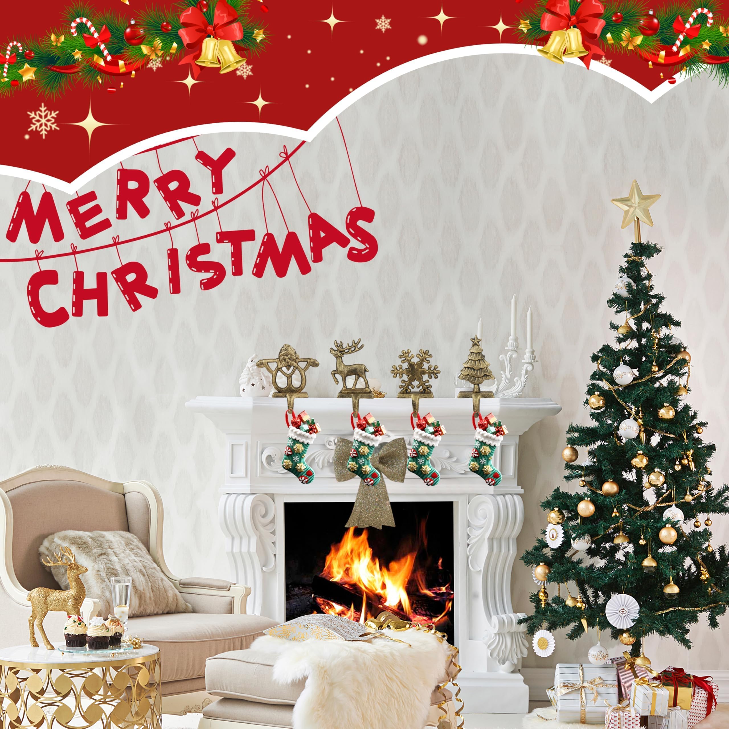 OCTERIC tree hanger placed on mantel holding a stocking to show practical use
