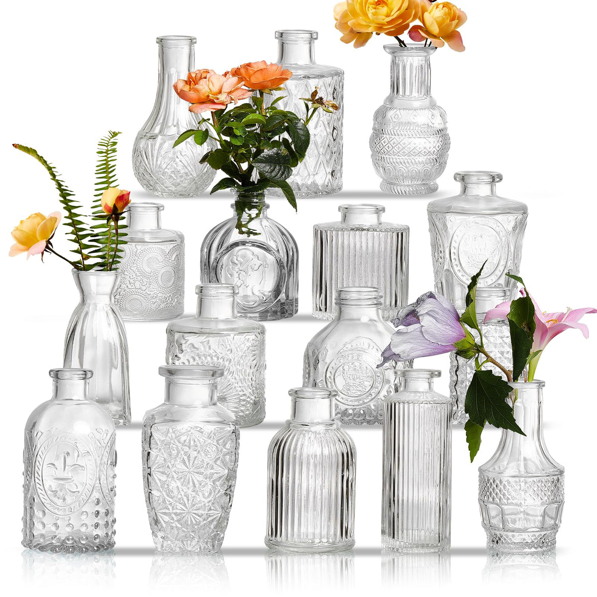 ODBCYWM front view of assorted clear bud vases showing vintage shapes for elegant tables