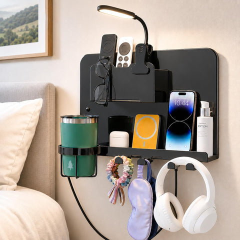ODCPN front view of floating bedside shelf showcasing sleek metal storage and space saving