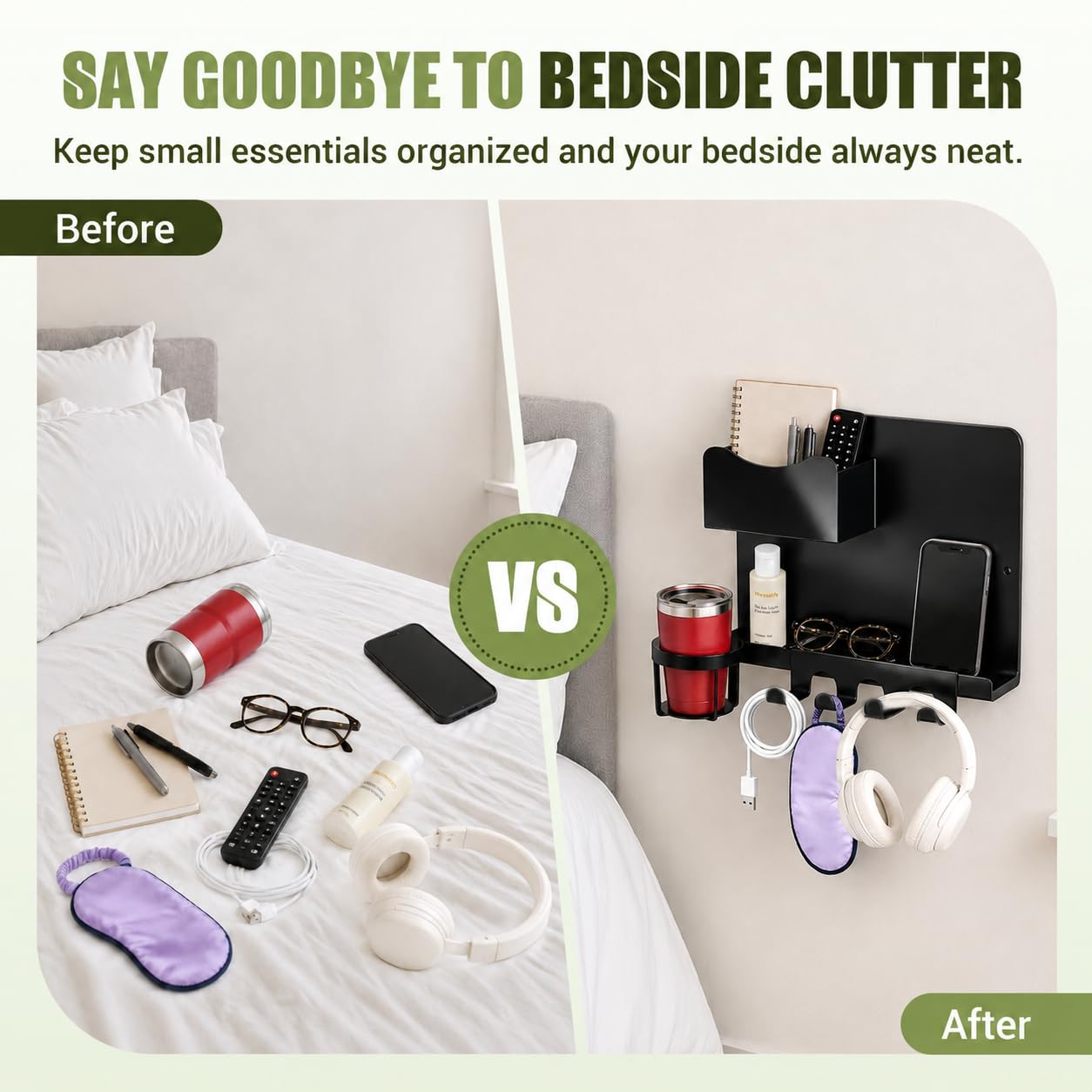 ODCPN view of included hooks holding keys and headphones for organized bedside access