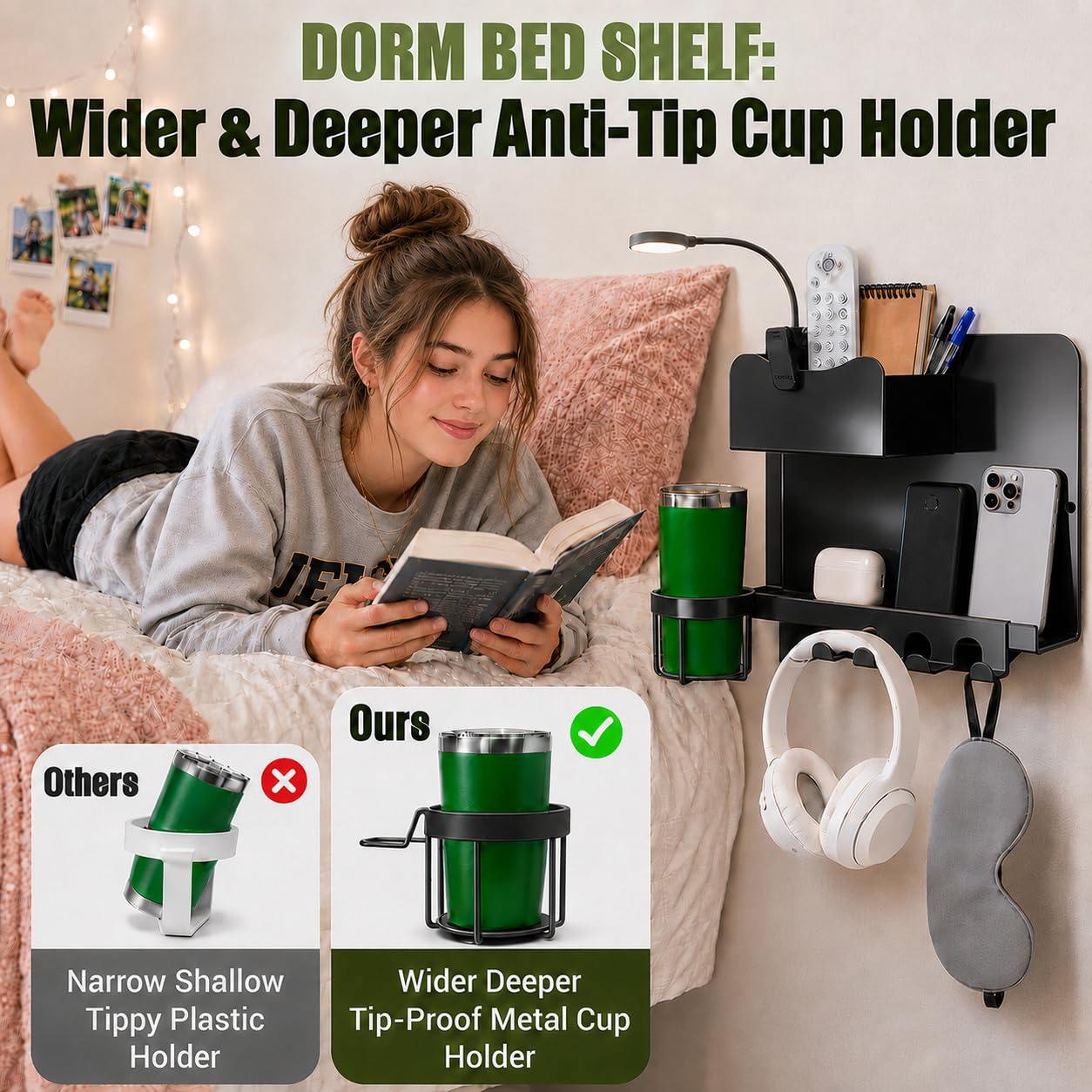 ODCPN shelf mounted in a dorm room demonstrating tidy storage and renter-friendly look
