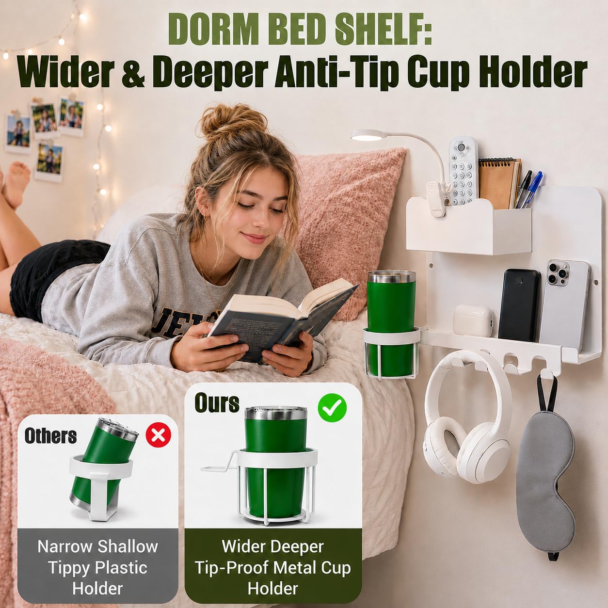 ODCPN shelf installed beside bed showing tidy bedroom and space-saving benefit