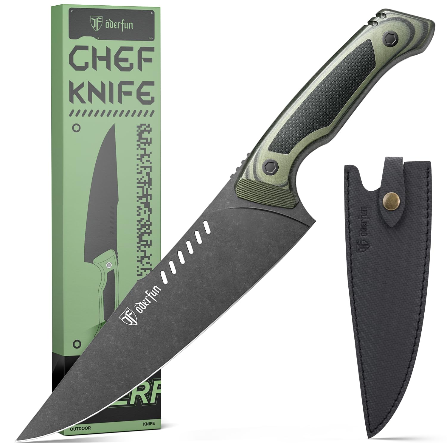 ODERFUN 8-inch chef knife front view showing balanced profile and sharpness benefit