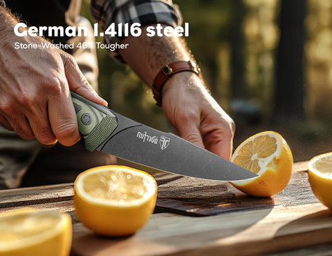 ODERFUN close-up of stonewashed German 1.4116 blade edge, shows long-lasting sharpness