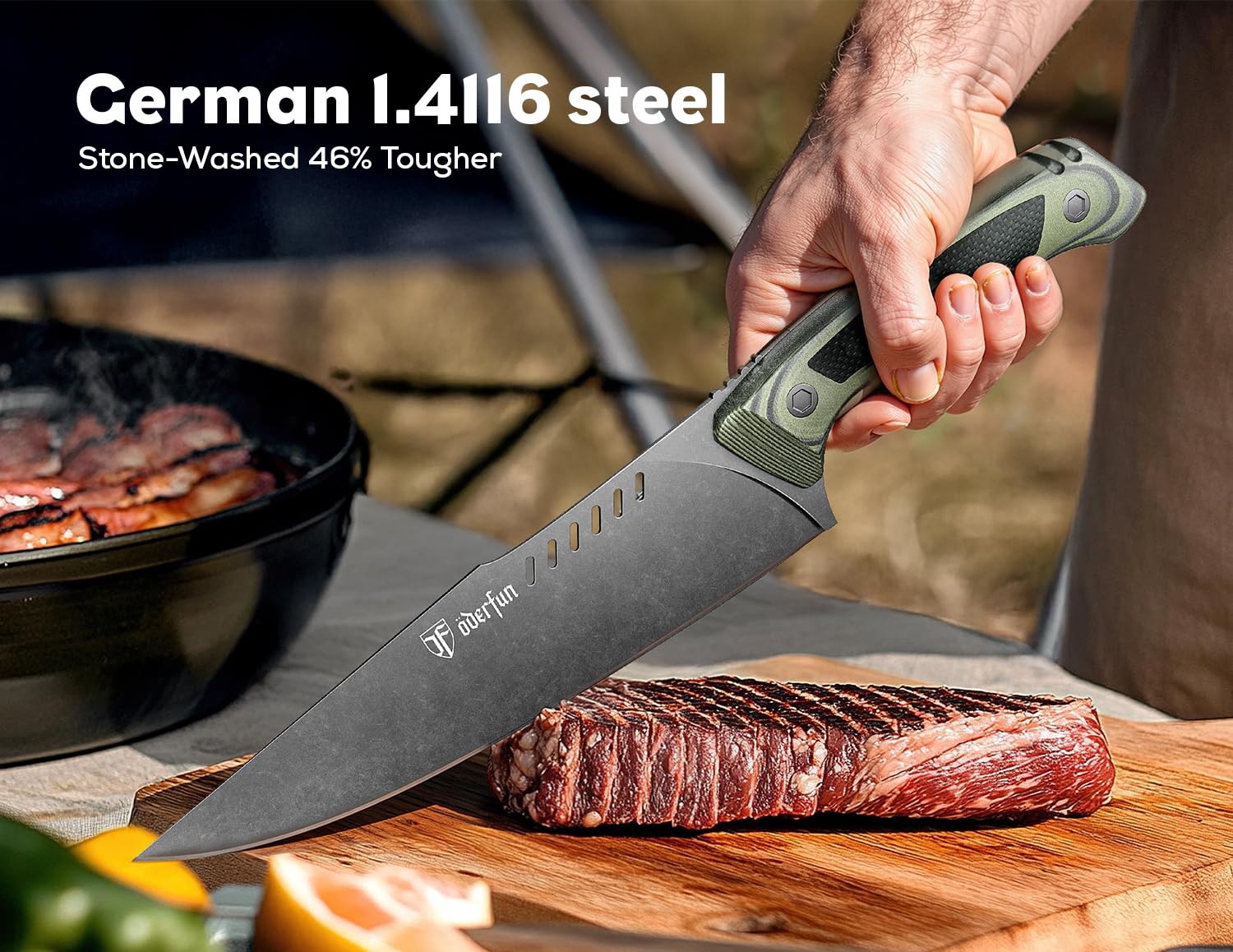 ODERFUN stonewashed blade close-up highlighting durable finish and low-glare benefit