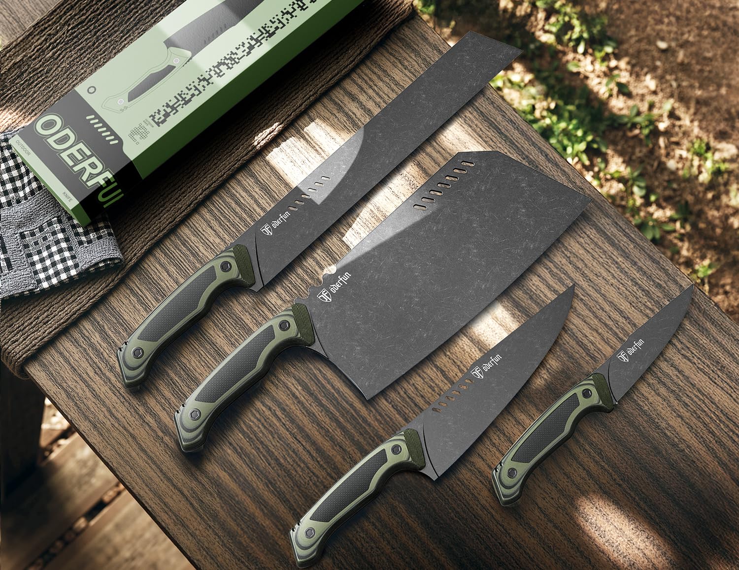 ODERFUN camouflage-style box and knife arranged outdoors, emphasizes rugged presentation