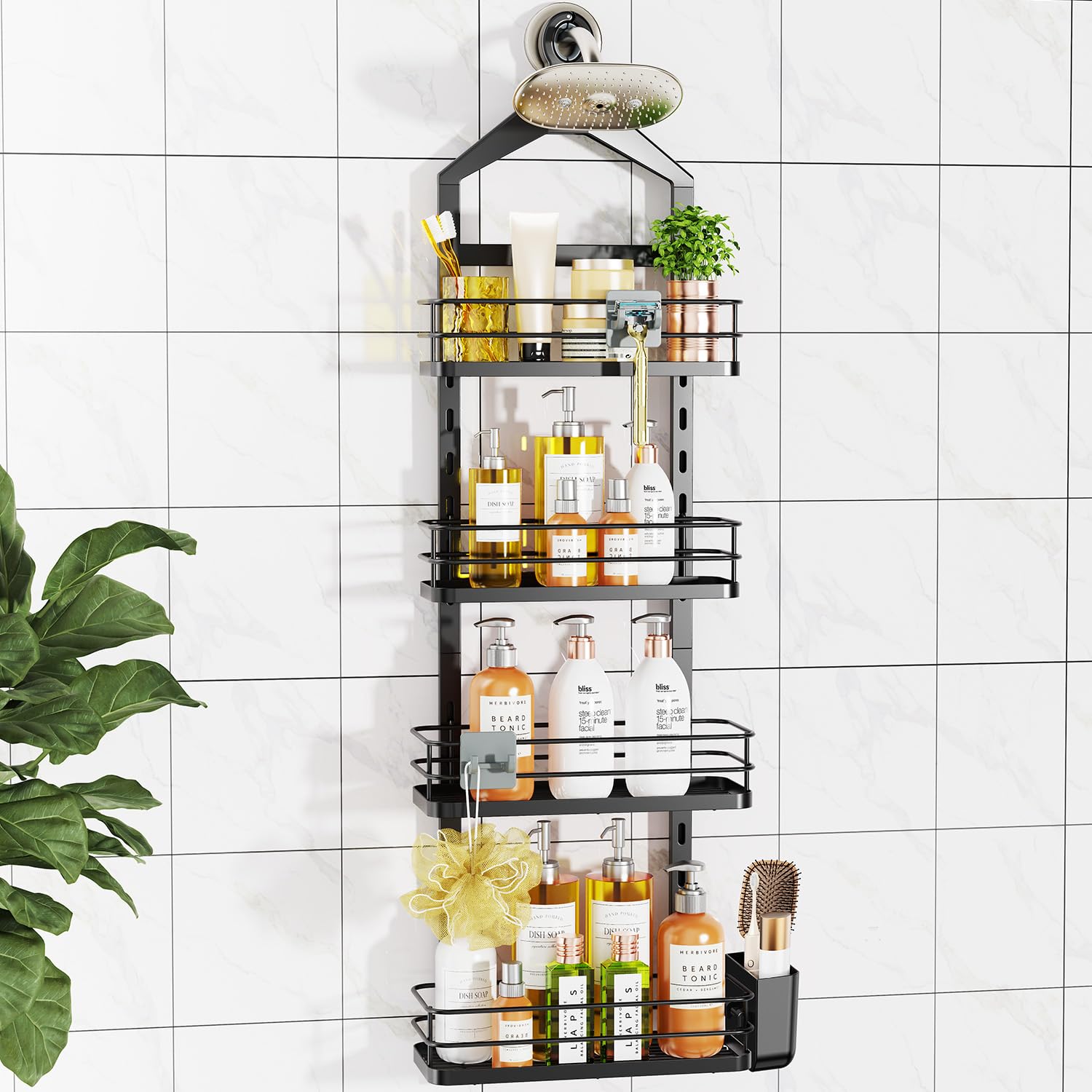 ODesign front view of over-showerhead organizer showing stable storage benefit