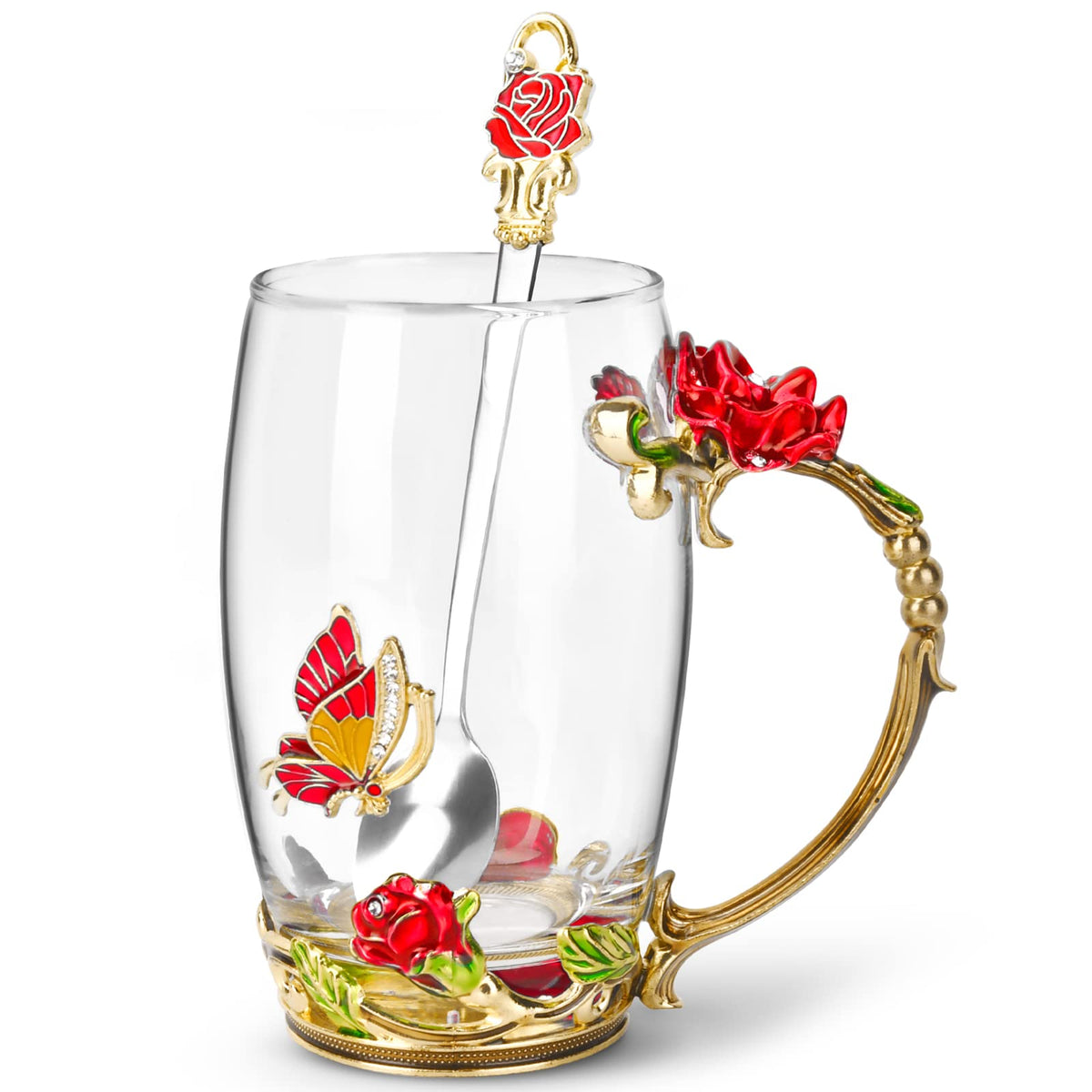 OEAGO front view of gift-ready mug showing butterfly and rose and elegant look